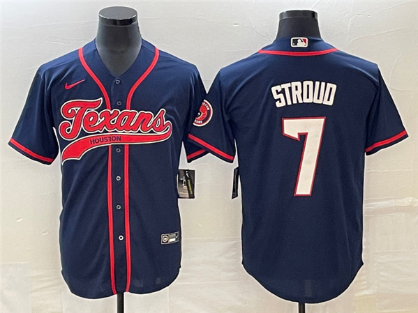 Houston Texans #7 C.J. Stroud Navy With Patch Cool Base Stitched Baseball Jersey - Click Image to Close